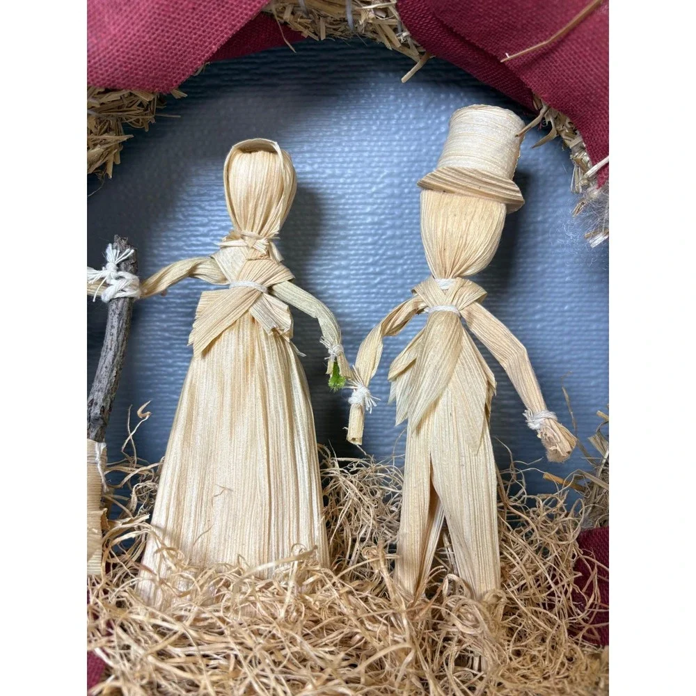 Vintage‎ Corn Husk Doll Straw Wreath Harvest Fall Decor Burgundy Ribbon 12 Inch